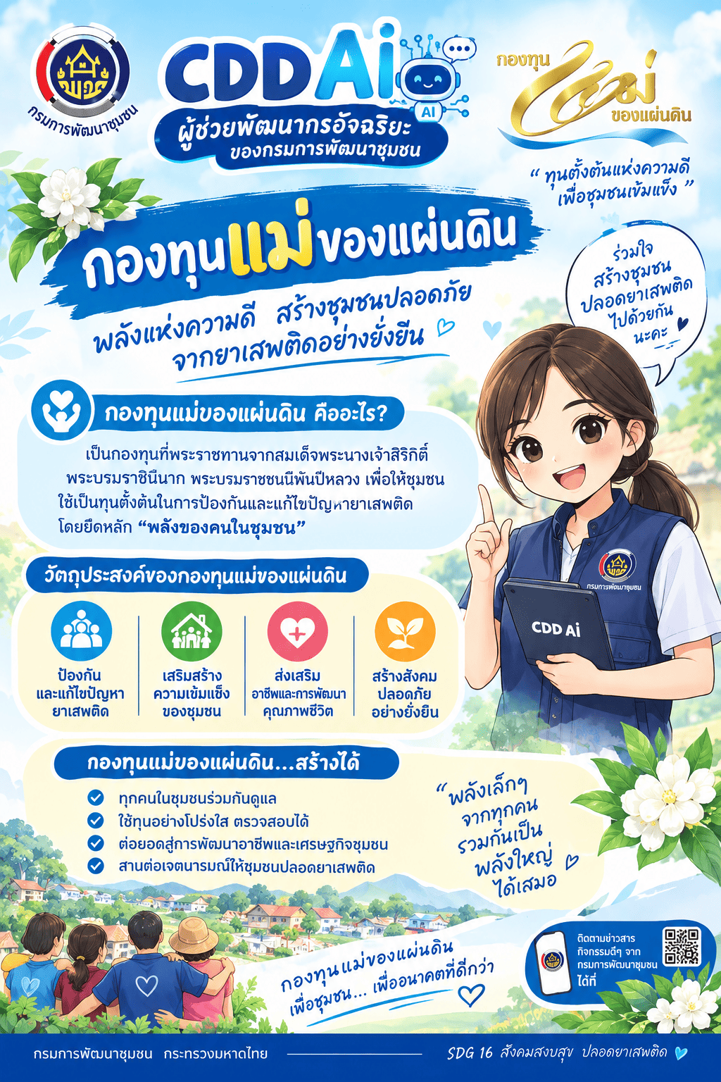 พช.ขลุง ประชาสัมพันธ์ “CDD AI ผู้ช่วยพัฒนากรอัจฉริยะ”  ### ร่วมสร้างความรู้ความเข้าใจ “กองทุนแม่ของแผ่นดิน” พลังแห่งความเมตตา สู่ชุมชนเข้มแข็ง  สำนักงานพัฒนาชุมชนอำเภอขลุง ประชาสัมพันธ์ **CDD AI ผู้ช่วยพัฒนากรอัจฉริยะของกรมการพัฒนาชุมชน** เครื่องมือดิจิทัลที่ช่วยสนับสนุนการทำงานของพัฒนากรในการสื่อสารข้อมูล องค์ความรู้ และแนวทางการพัฒนาชุมชนให้ประชาชนและภาคีเครือข่ายสามารถเข้าถึงข้อมูลได้อย่างสะดวกและรวดเร็ว  ในโอกาสนี้ CDD AI ขอพาทุกคนมาทำความรู้จักกับ **“กองทุนแม่ของแผ่นดิน”** กองทุนที่มีจุดเริ