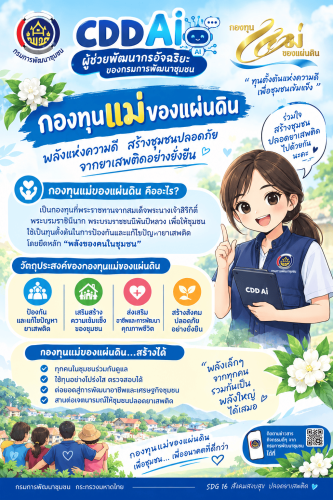 พช.ขลุง ประชาสัมพันธ์ “CDD AI ผู้ช่วยพัฒนากรอัจฉริยะ”  ### ร่วมสร้างความรู้ความเข้าใจ “กองทุนแม่ของแผ่นดิน” พลังแห่งความเมตตา สู่ชุมชนเข้มแข็ง  สำนักงานพัฒนาชุมชนอำเภอขลุง ประชาสัมพันธ์ **CDD AI ผู้ช่วยพัฒนากรอัจฉริยะของกรมการพัฒนาชุมชน** เครื่องมือดิจิทัลที่ช่วยสนับสนุนการทำงานของพัฒนากรในการสื่อสารข้อมูล องค์ความรู้ และแนวทางการพัฒนาชุมชนให้ประชาชนและภาคีเครือข่ายสามารถเข้าถึงข้อมูลได้อย่างสะดวกและรวดเร็ว  ในโอกาสนี้ CDD AI ขอพาทุกคนมาทำความรู้จักกับ **“กองทุนแม่ของแผ่นดิน”** กองทุนที่มีจุดเริ